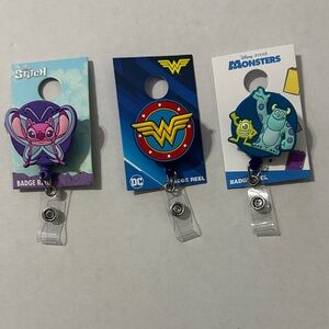 Character Badge Reels - Stitch, Wonder Woman, Monsters Inc.